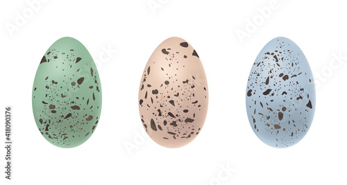 Realistic bird's blue, pink and green speckled eggs. Quail Easter eggs for holiday celebration design. Vector illustration in realistic style isolated on white background.