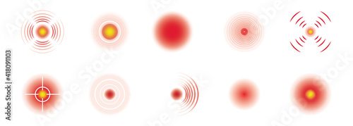Red circles of pain or ache localization icons. Set of body painful spot marks. Pain in different parts of human body