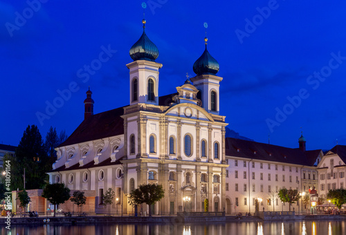 Lucerne. Old city embankment and medieval houses at dawn.