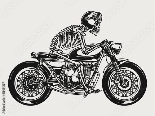 Skeleton racer riding brat style motorcycle
