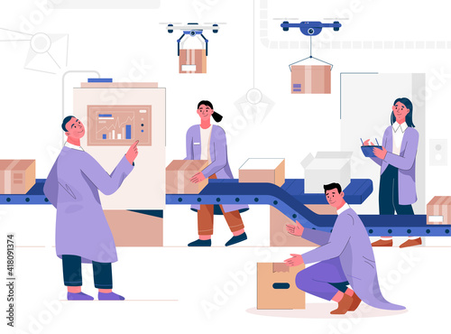 People and robots work on conveyor belt in smart factory