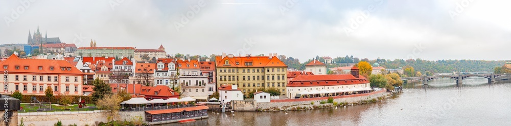 Panorama beautiful city, capital Czech Republic, Prague. Vltava river with ancient bridges.