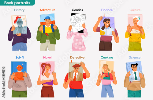Portraits on covers of books set. People read books of different genres