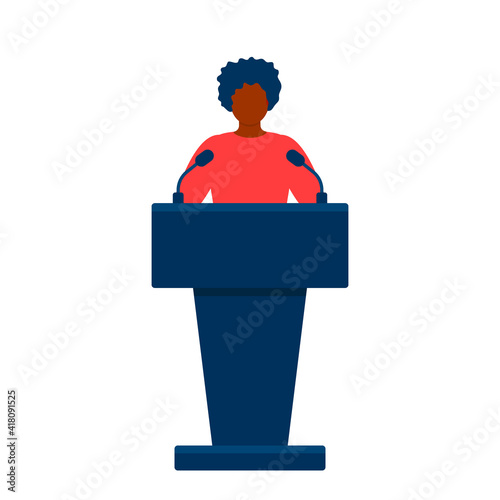 Black woman in conference suit on podium, tribune. Speech by people leader, businesswoman, head, teacher. Vector illustration