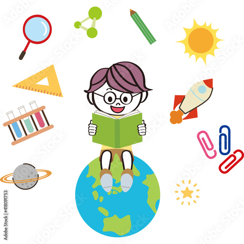 地球に座って理科の勉強をする男の子