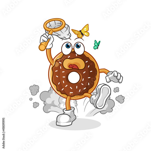 chocolate donut catch butterfly illustration. character vector