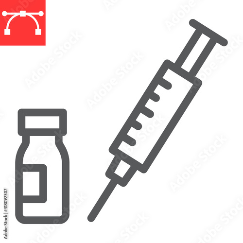 Syringe with vial line icon, covid-19 and injection, vaccine vector icon, vector graphics, editable stroke outline sign, eps 10.