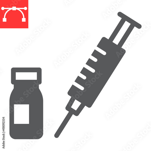 Syringe with vial glyph icon, covid-19 and injection, vaccine vector icon, vector graphics, editable stroke solid sign, eps 10.