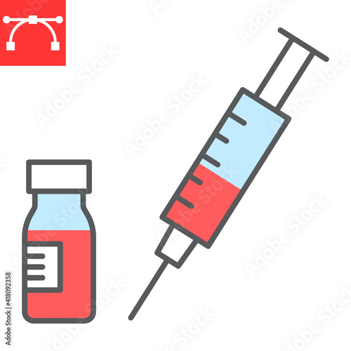 Syringe with vial color line icon, covid-19 and injection, vaccine vector icon, vector graphics, editable stroke filled outline sign, eps 10.