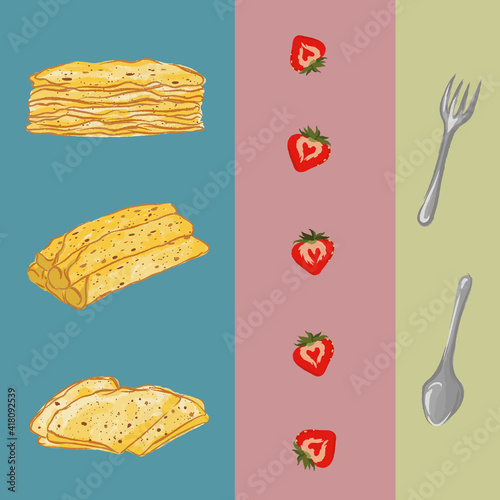 Thin pancakes with strawberries for breakfast.  Traditional pancake festival in Russia.  Stacked pancakes served with fruits. 