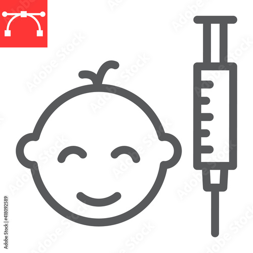 Children vaccination line icon, vaccine and injection, child vaccination vector icon, vector graphics, editable stroke outline sign, eps 10.