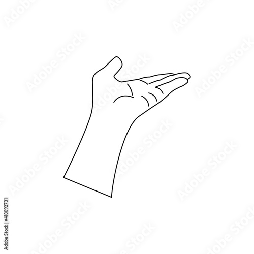 Human hand to the wrist, gesturing. Linear vector black and white illustration in hand drawn, minimalistic trendy icon. Doodle isolated