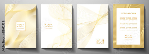 Modern cover design set. Gold abstract line pattern (guilloche curves) in premium gold color. Luxury golden stripe vector layout for business background, certificate, brochure template