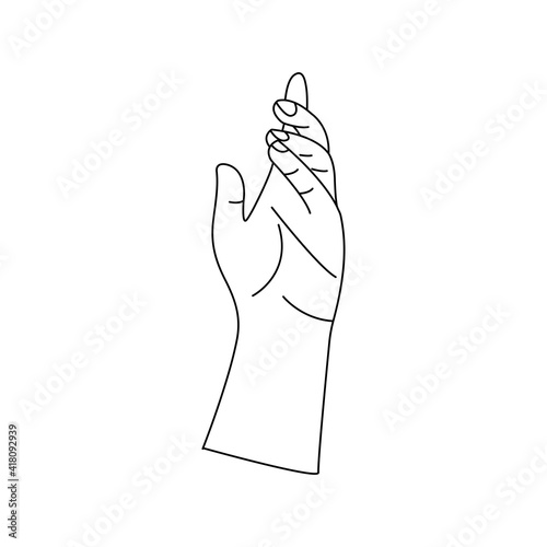 Human hand to the wrist, gesturing. Linear vector black and white illustration in hand drawn, minimalistic trendy icon. Doodle isolated