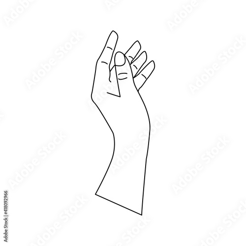 Human hand to the wrist, gesturing. Linear vector black and white illustration in hand drawn, minimalistic trendy icon. Doodle isolated