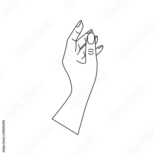 Human hand to the wrist, gesturing. Linear vector black and white illustration in hand drawn, minimalistic trendy icon. Doodle isolated