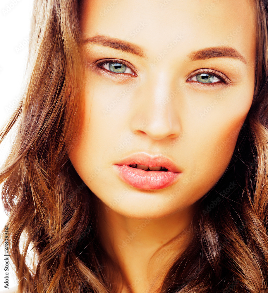 young sweet brunette woman close up isolated on white background, perfect pure innocense beautiful young sweet brunette woman close up isolated on white background, perfect pure innocense beautiful