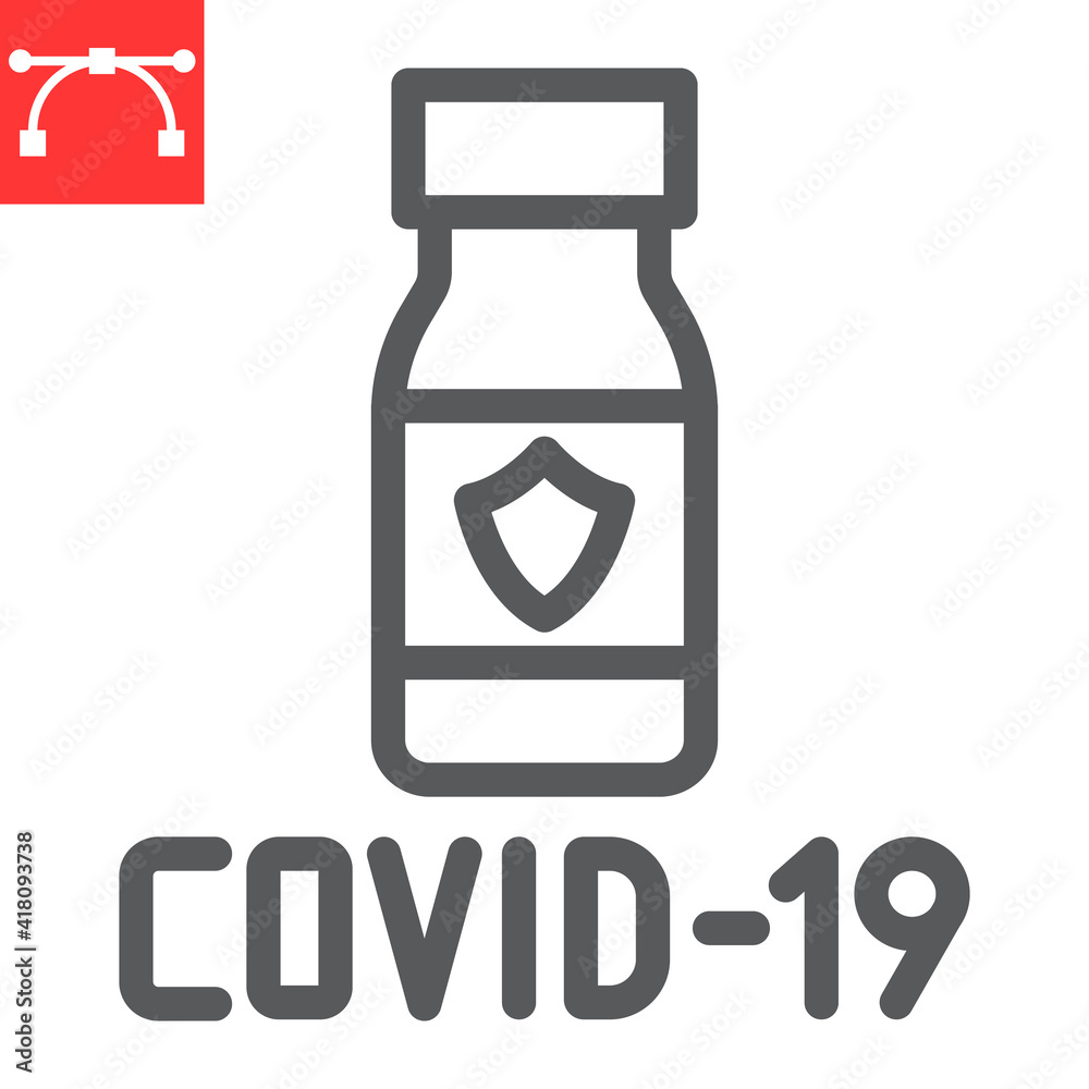 Covid-19 vaccine line icon, vaccination and vial, coronavirus vaccine vector icon, vector graphics, editable stroke outline sign, eps 10. Covid-19 vaccine line icon, vaccination and vial, coronavirus vaccine vector icon, vector graphics, editable stroke outline sign, eps 10.