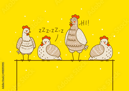 Horizontal border with cute chickens on the roost on yellow background - cartoon hens characters for happy farm design