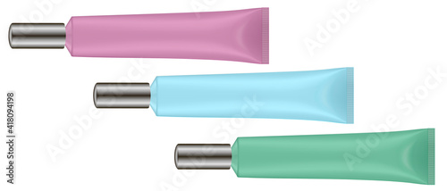 Set of purple, green and blue plastic tubes. Salve or ointment. Long thin silver cap. Plastic bottle. Mint, lavender or lilac gel. Lip or eye serum. 3d mockup.