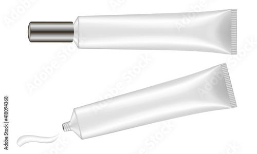 Single silver tube with long cap. Cream splash. Serum or ointment. Gel. Vector illustration isolated on a white background. 3d mockup