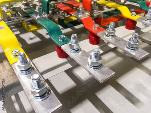 Current busbars in a three phase electrical panel photo