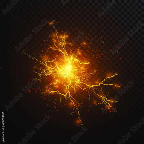 Realistic lightning bolts on a black transparent background. the charge of energy is powerful. Accumulation of electric orange and blue charges. A natural phenomenon. Magic effect. Lightning PNG.		