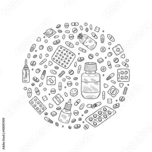 Round composition with cute hand drawn pills icons. Vector medical collection	