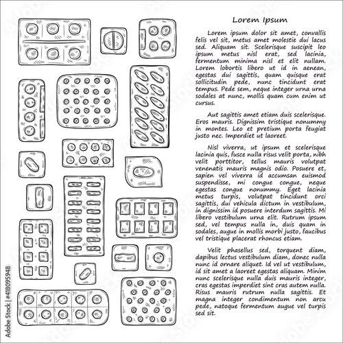  Illustration with cute hand drawn pills icons. Vector medical collection	
