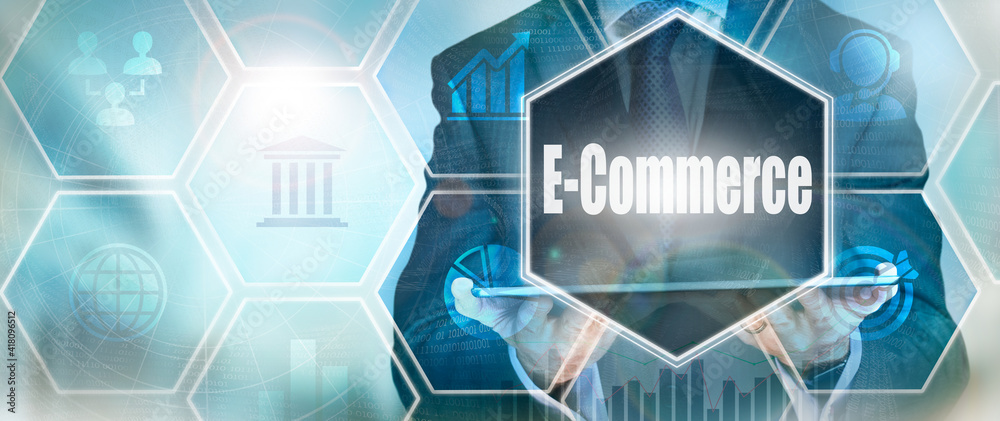 Fototapeta premium A E-Commerce business word concept on a futuristic blue display.