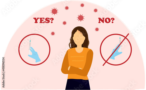 woman decides vaccinate or not,  vaccine against coronavirus,  vector flat illustration