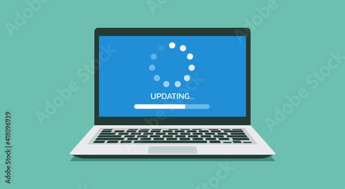 system software update and loading process concept in laptop computer screen, vector flat illustration