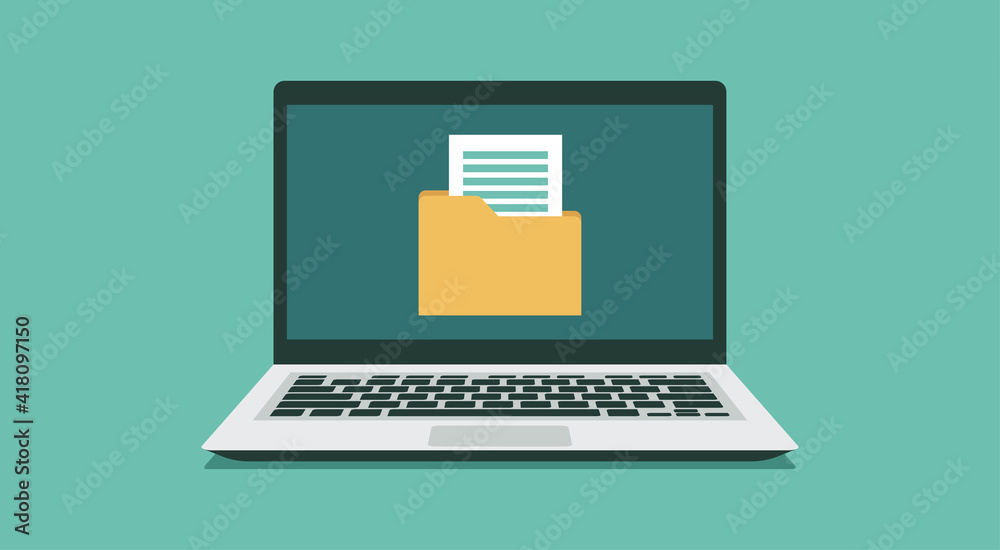 File folder organization paperwork database on laptop concept, vector flat illustration File folder organization paperwork database on laptop concept, vector flat illustration