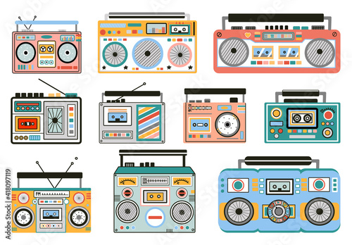Set of cute and colorful old school tape recorders doodles. Vintage boombox icons. Hand drawn illustration.