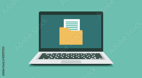 File folder organization paperwork database on laptop concept, vector flat illustration