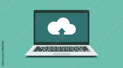 Cloud computing uploading technology icon on laptop computer screen, vector flat illustration