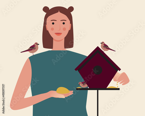 Woman feeding birds with food, ornithological flat vector stock illustration as bird feeder concept