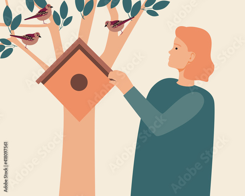 Young person hanging birdhouse, ornithological flat vector stock illustration with birds and feeder as nature care concept