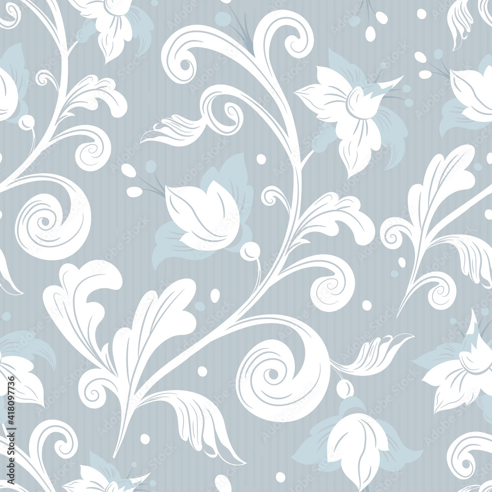 Rococo floral seamless pattern.White flowers,leaves on gray background.Damask ornament, royal victorian texture