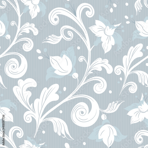 Rococo floral seamless pattern.White flowers leaves on gray background.Damask ornament  royal victorian texture