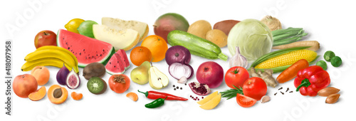 Fototapeta Naklejka Na Ścianę i Meble -  Collage of fresh vegetables and fruit for layout isolated on white background. Hand-drawn illustration.