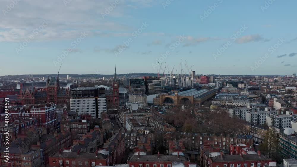 Slow dolly forward drone shot towards London kings cross st Pancras train station Slow dolly forward drone shot towards London kings cross st Pancras train station