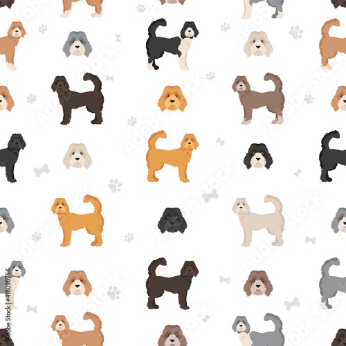 Labradoodle seamless pattern.  Different poses  coat colors set.