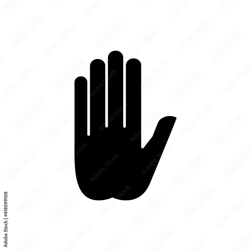 Obraz premium Stop gesture black glyph icon. Prohibition of something. Palm of a hand with five fingers. Strict ban on certain action. Silhouette symbol on white space. Vector isolated illustration