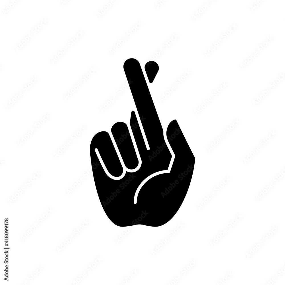 Crossed fingers black glyph icon. Hand gesture used to wish for luck. Keep your fingers crossed. Implore God for protection. Silhouette symbol on white space. Vector isolated illustration Crossed fingers black glyph icon. Hand gesture used to wish for luck. Keep your fingers crossed. Implore God for protection. Silhouette symbol on white space. Vector isolated illustration