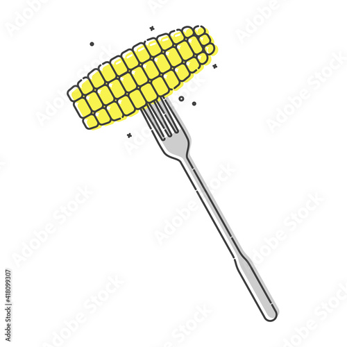 Yellow corn on a fork on white background. Flat style illustration for any design. Healthy supply. Isolated object. Silverware flatware and organic vegetarian food