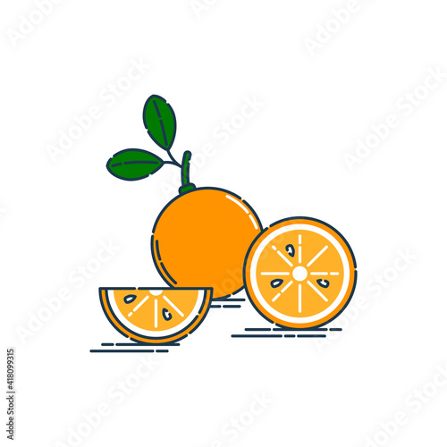 Whole cut and slice in half tangerine or orange fruit isolated on white background. Fresh cut citrus icon. Bright summer harvest illustration. Flat style illustration for any design. Organic product