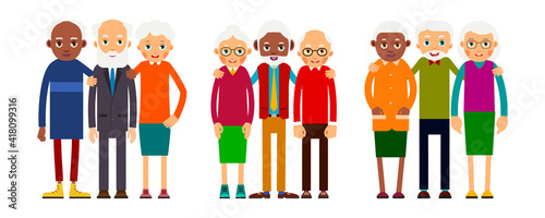 Group older people. Three grouping aged people black and white. Elderly men and women stand together and hug each other. Illustration in flat style. Isolated