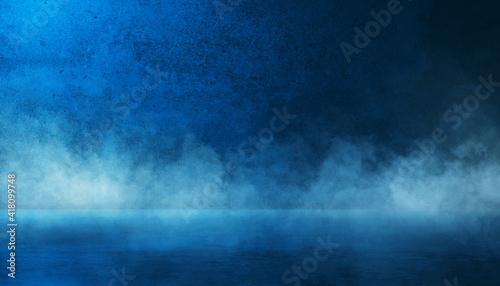 Texture dark blue concrete wall and floor with smoke or fog mist