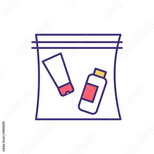 Travel-sized container RGB color icon. 100 ml liquids and gels in hand luggage. Medical equipment. Resealable plastic bag. Carry-on liquids. Airport security point. Isolated vector illustration